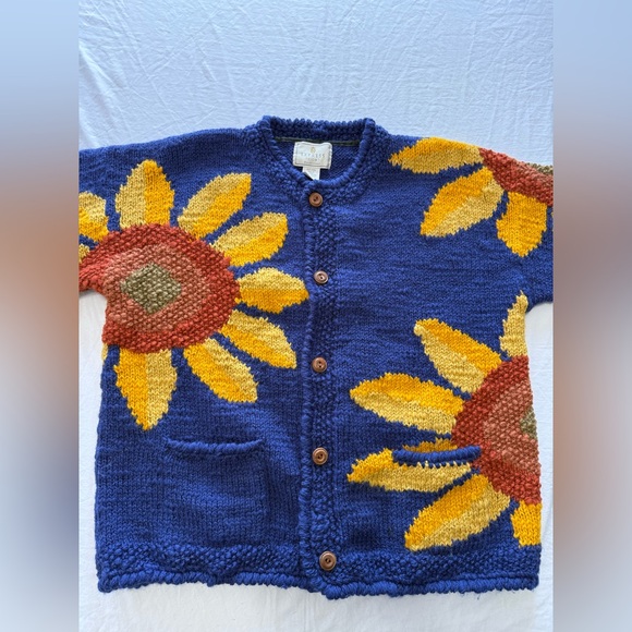 VINTAGE Express Tricot Sunflower Sweater granny bohemian eclectic grandpa boho - Picture 2 of 16